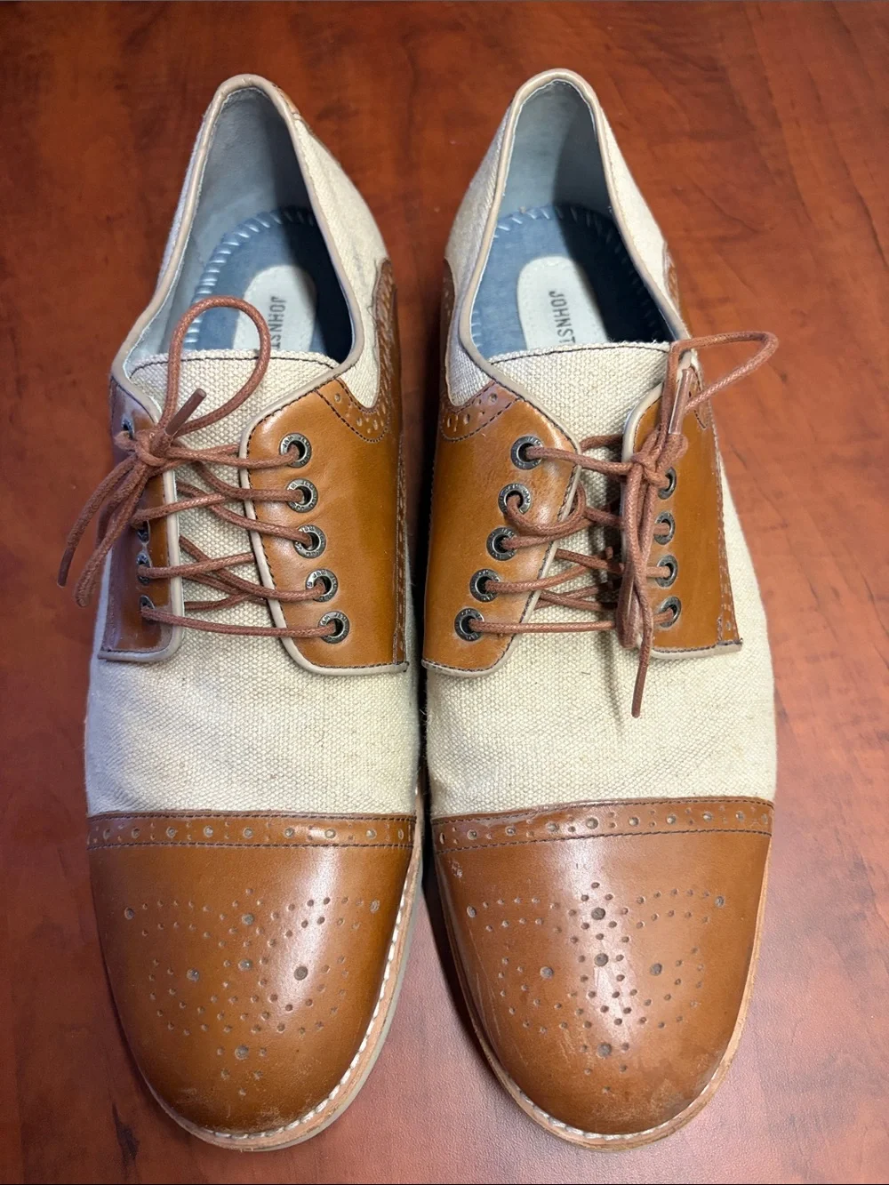 Johnston & Murphy Tan Leather and Cream Canvas Oxford